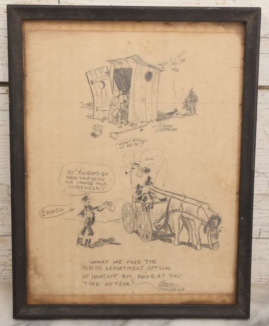 Lot 084 - Vintage Hand Sketched Pencil Drawing Cartoon Mocking Health Inspector Of Hancock, New Hampshire, Circa 1915, Artist Signed Archie, Concord, New Hampshire, In Frame As Found