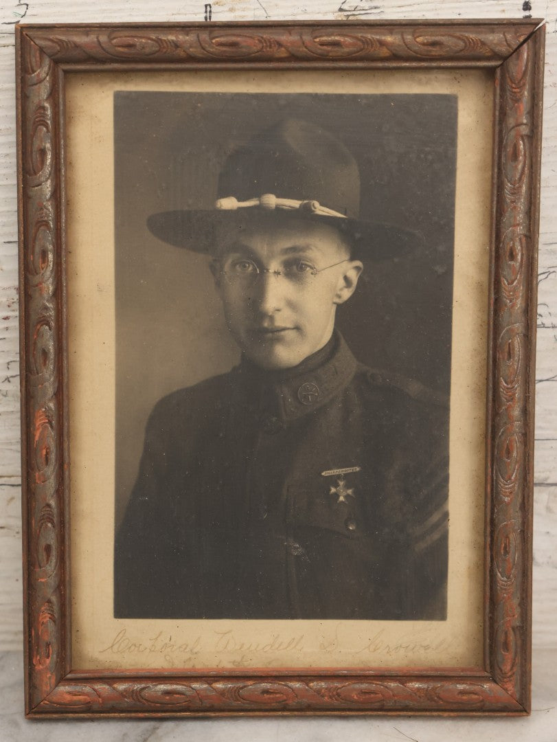 Lot 086 - Antique Photo In Frame Of World War One Era Soldier, Identified On Verso As Wendell D. Crowell, As Photographed May 1917