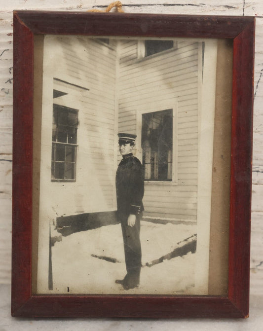 Lot 087 - Antique Snapshot Photo In Frame Of Young Soldier, Other Uniformed Worker, Marked W.D.C. 1914 On Verso