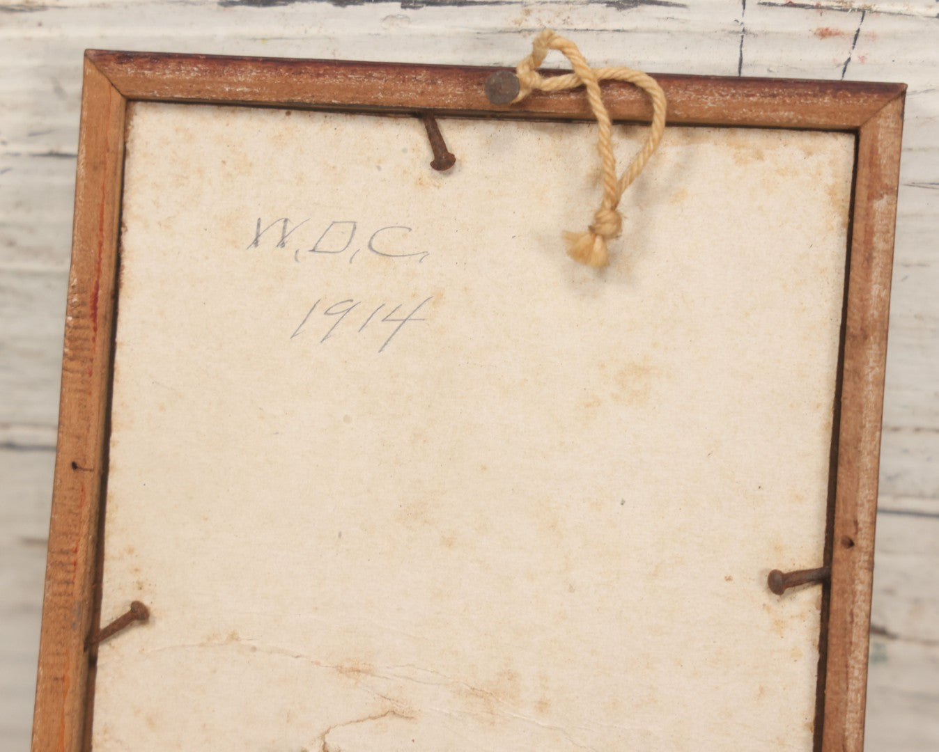 Lot 087 - Antique Snapshot Photo In Frame Of Young Soldier, Other Uniformed Worker, Marked W.D.C. 1914 On Verso