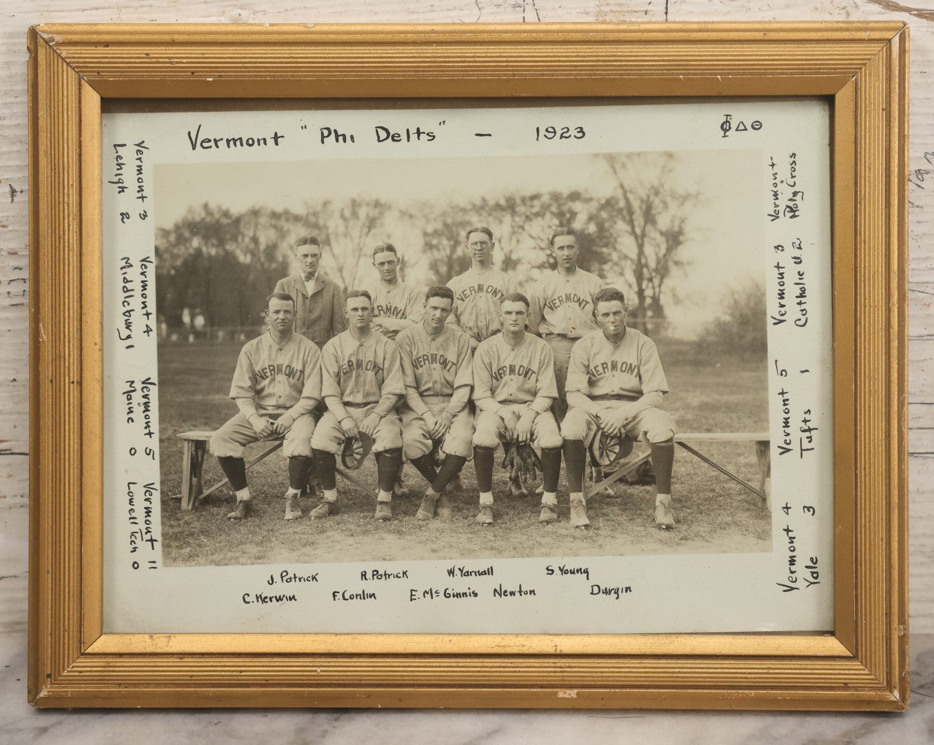 Lot 088 - Antique Framed Team Photo Of The Vermont "Phi Delts" (Fraternity) Baseball Team, 1923, Fully Identified