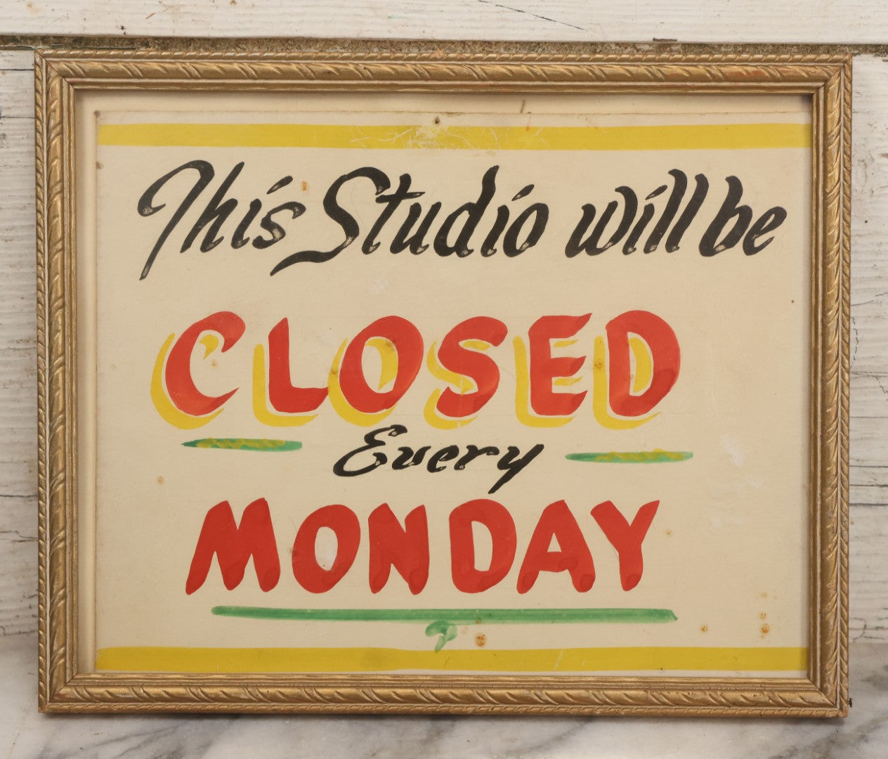 Lot 091 - Vintage "This Studio Will Be Closed Every Monday" Hand Painted Photography Studio Sign In Frame