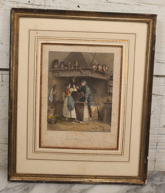 Lot 094 - Antique Hand Colored Engraving Of A German Chimney Sweep At Work, In Frame, No Glass