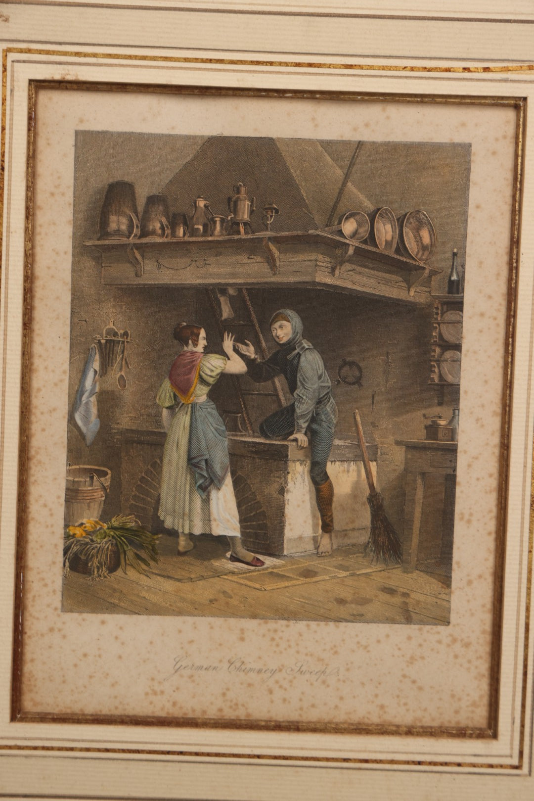 Lot 094 - Antique Hand Colored Engraving Of A German Chimney Sweep At Work, In Frame, No Glass
