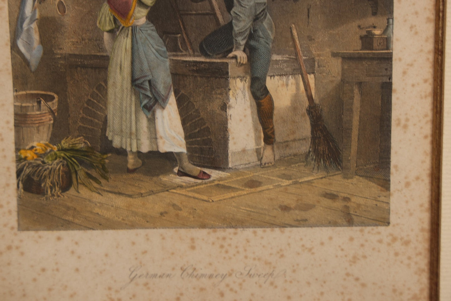 Lot 094 - Antique Hand Colored Engraving Of A German Chimney Sweep At Work, In Frame, No Glass