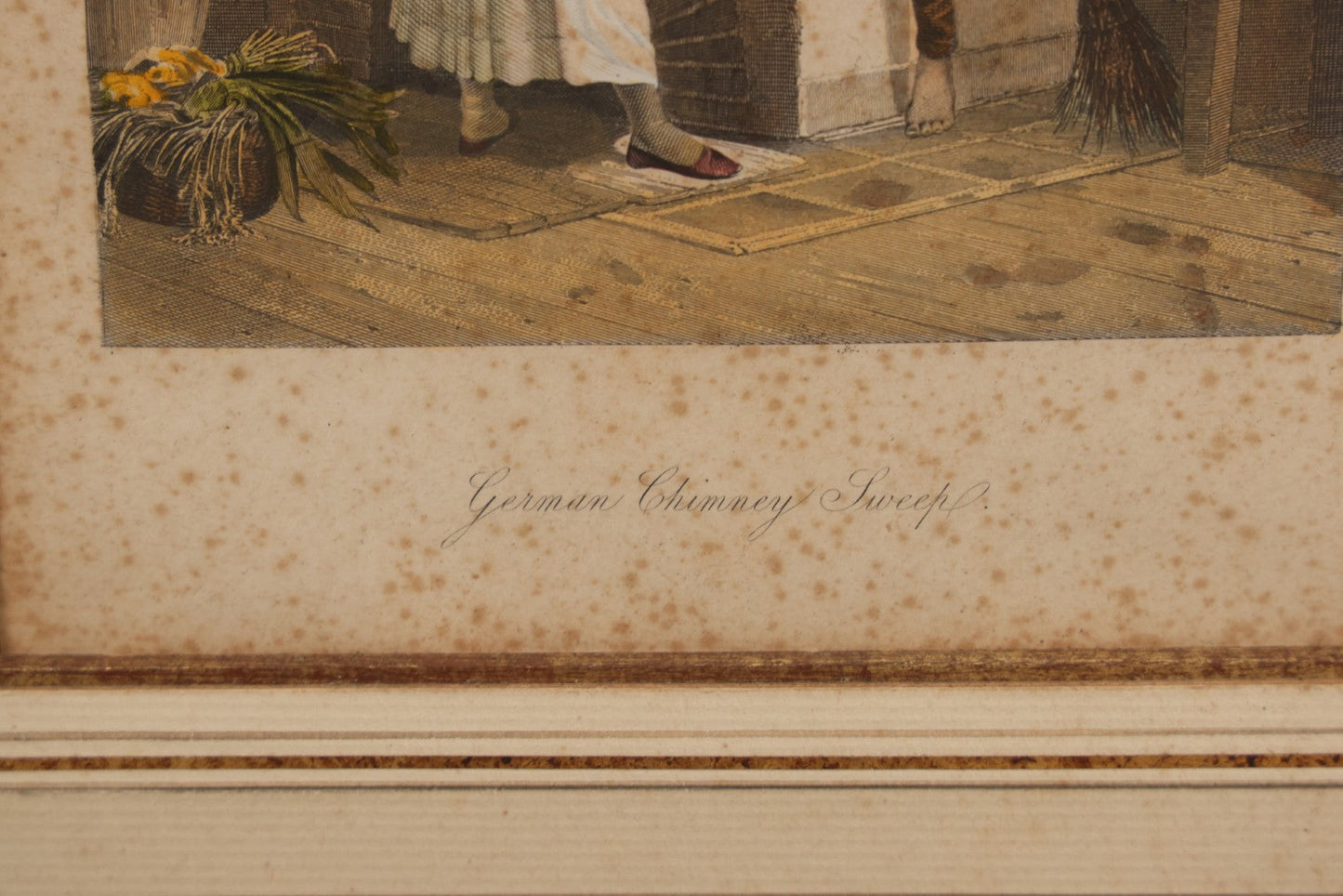 Lot 094 - Antique Hand Colored Engraving Of A German Chimney Sweep At Work, In Frame, No Glass