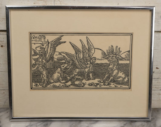 Lot 096 - Vintage Linoleum Block Print Titled "Daniel's Dream Of The Four Beasts" By Allen Bjorkman, After A Woodcut From The Lubeck Bible, 1470, Numbered Limited Edition 3/150, Artist Signed Pencil, Lower Right