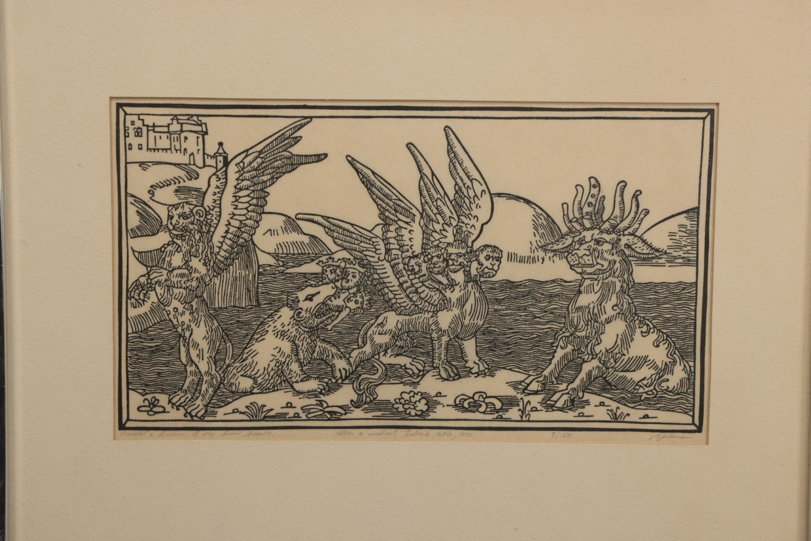 Lot 096 - Vintage Linoleum Block Print Titled "Daniel's Dream Of The Four Beasts" By Allen Bjorkman, After A Woodcut From The Lubeck Bible, 1470, Numbered Limited Edition 3/150, Artist Signed Pencil, Lower Right