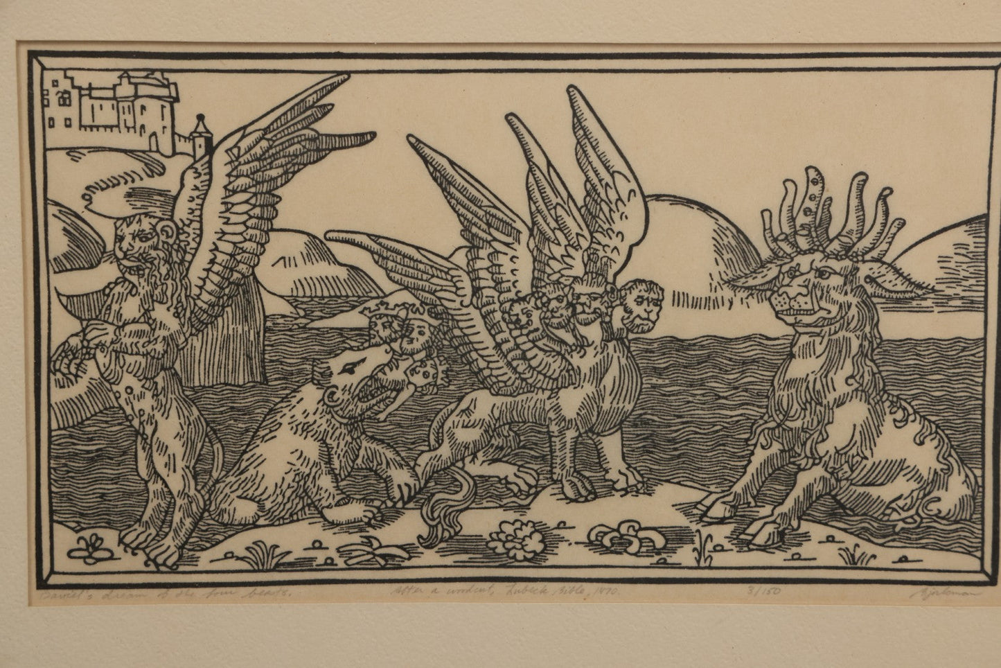Lot 096 - Vintage Linoleum Block Print Titled "Daniel's Dream Of The Four Beasts" By Allen Bjorkman, After A Woodcut From The Lubeck Bible, 1470, Numbered Limited Edition 3/150, Artist Signed Pencil, Lower Right