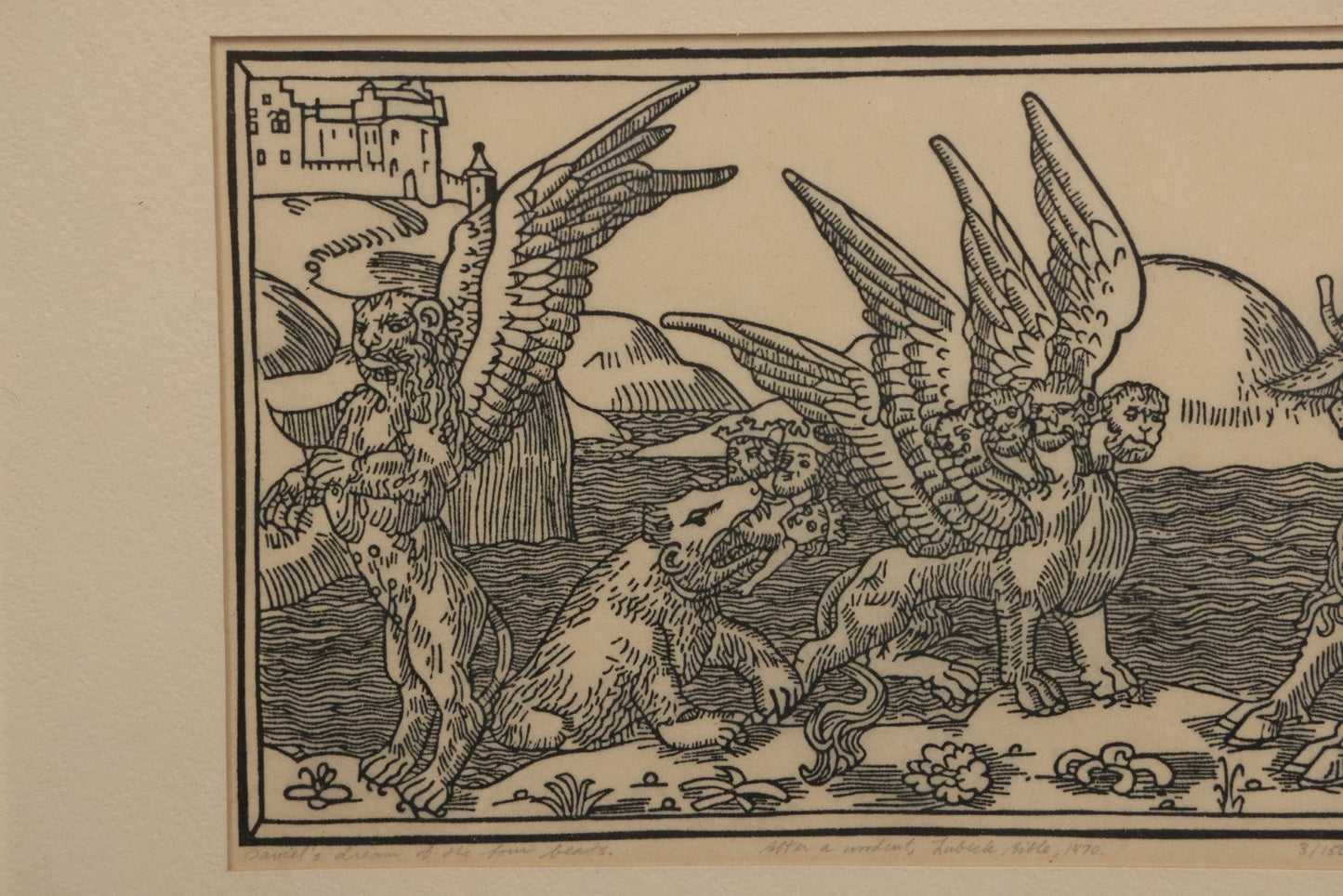 Lot 096 - Vintage Linoleum Block Print Titled "Daniel's Dream Of The Four Beasts" By Allen Bjorkman, After A Woodcut From The Lubeck Bible, 1470, Numbered Limited Edition 3/150, Artist Signed Pencil, Lower Right