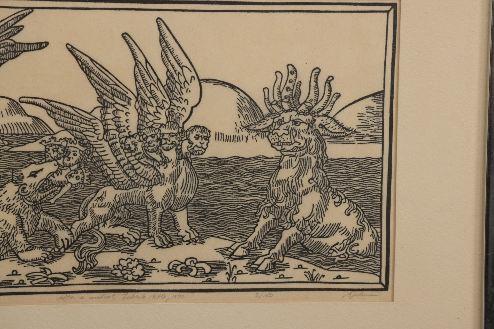 Lot 096 - Vintage Linoleum Block Print Titled "Daniel's Dream Of The Four Beasts" By Allen Bjorkman, After A Woodcut From The Lubeck Bible, 1470, Numbered Limited Edition 3/150, Artist Signed Pencil, Lower Right