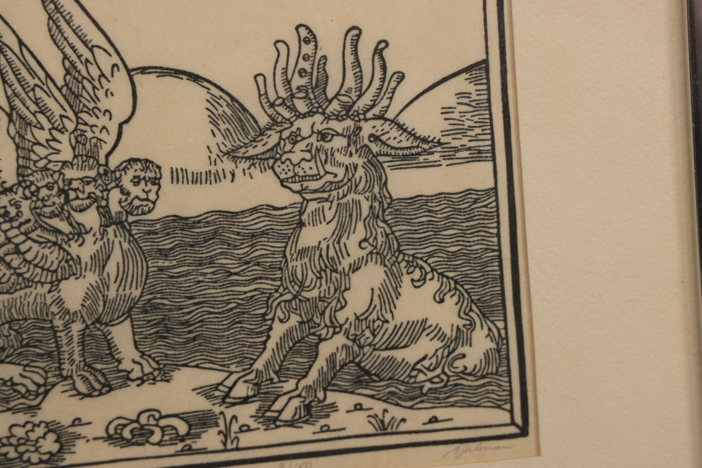 Lot 096 - Vintage Linoleum Block Print Titled "Daniel's Dream Of The Four Beasts" By Allen Bjorkman, After A Woodcut From The Lubeck Bible, 1470, Numbered Limited Edition 3/150, Artist Signed Pencil, Lower Right