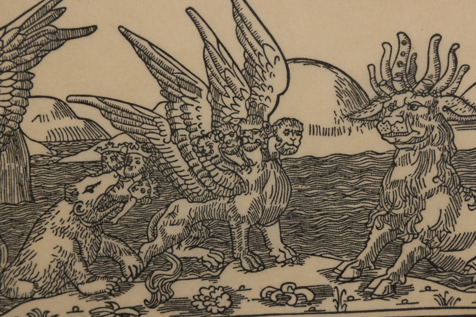 Lot 096 - Vintage Linoleum Block Print Titled "Daniel's Dream Of The Four Beasts" By Allen Bjorkman, After A Woodcut From The Lubeck Bible, 1470, Numbered Limited Edition 3/150, Artist Signed Pencil, Lower Right