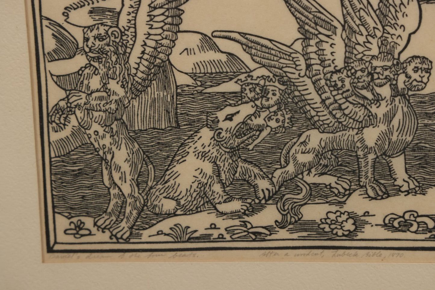 Lot 096 - Vintage Linoleum Block Print Titled "Daniel's Dream Of The Four Beasts" By Allen Bjorkman, After A Woodcut From The Lubeck Bible, 1470, Numbered Limited Edition 3/150, Artist Signed Pencil, Lower Right