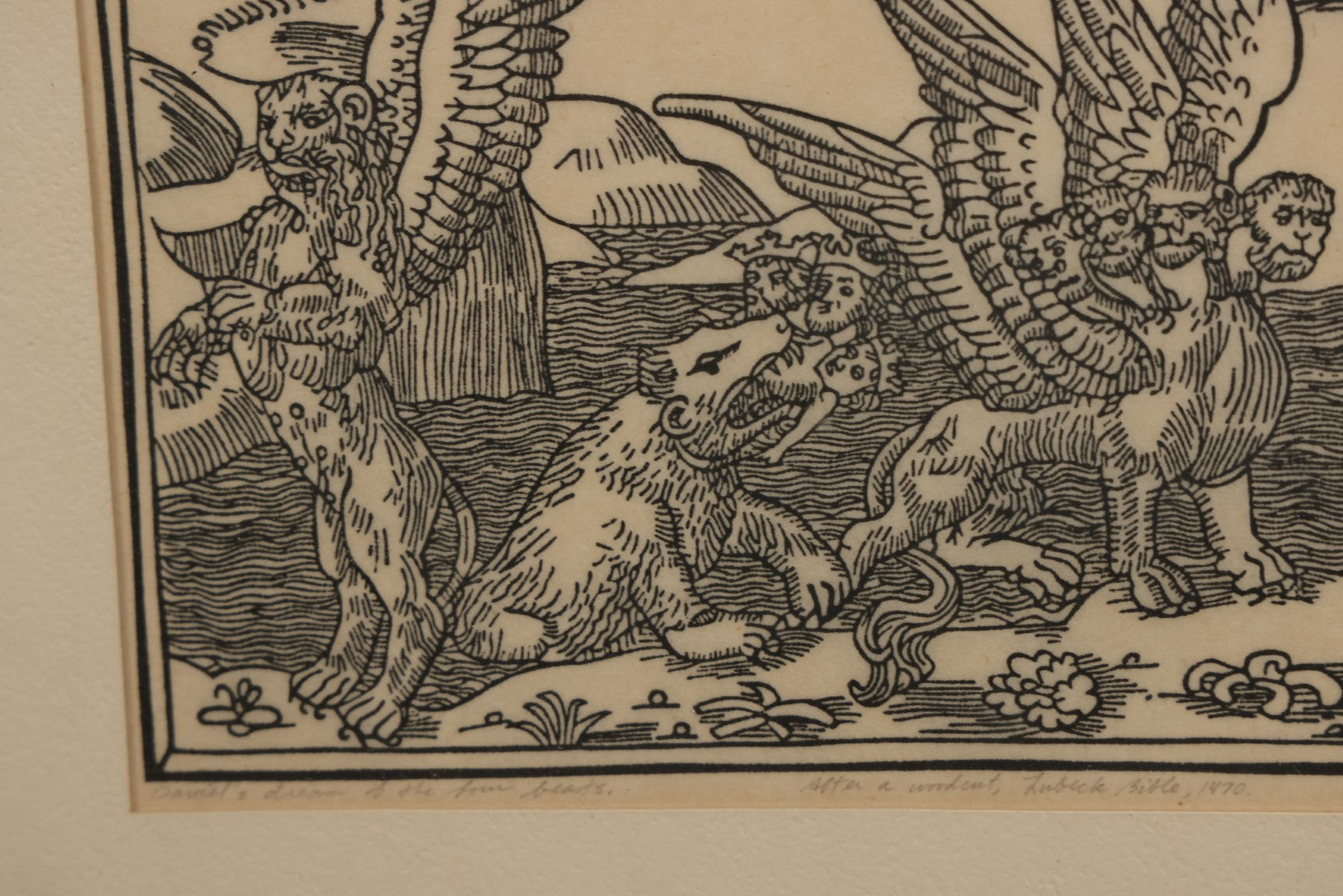 Lot 096 - Vintage Linoleum Block Print Titled "Daniel's Dream Of The Four Beasts" By Allen Bjorkman, After A Woodcut From The Lubeck Bible, 1470, Numbered Limited Edition 3/150, Artist Signed Pencil, Lower Right