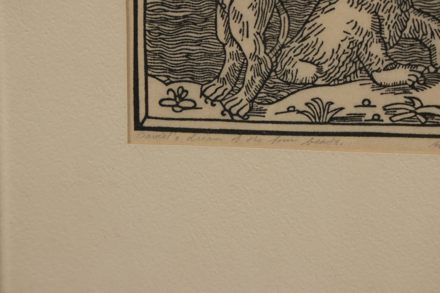 Lot 096 - Vintage Linoleum Block Print Titled "Daniel's Dream Of The Four Beasts" By Allen Bjorkman, After A Woodcut From The Lubeck Bible, 1470, Numbered Limited Edition 3/150, Artist Signed Pencil, Lower Right