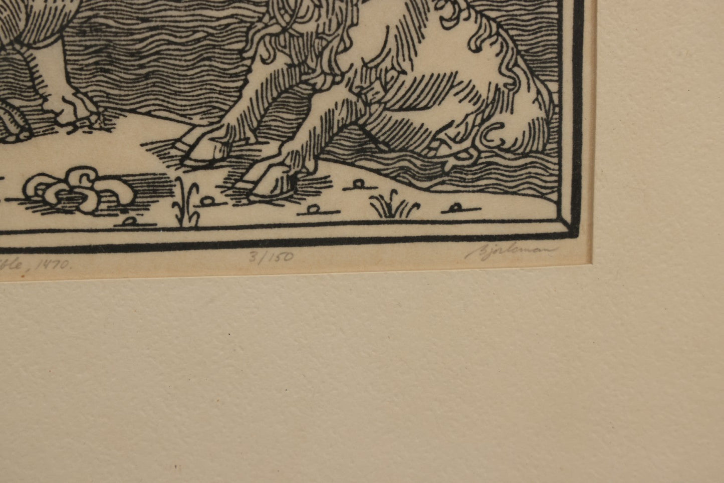 Lot 096 - Vintage Linoleum Block Print Titled "Daniel's Dream Of The Four Beasts" By Allen Bjorkman, After A Woodcut From The Lubeck Bible, 1470, Numbered Limited Edition 3/150, Artist Signed Pencil, Lower Right