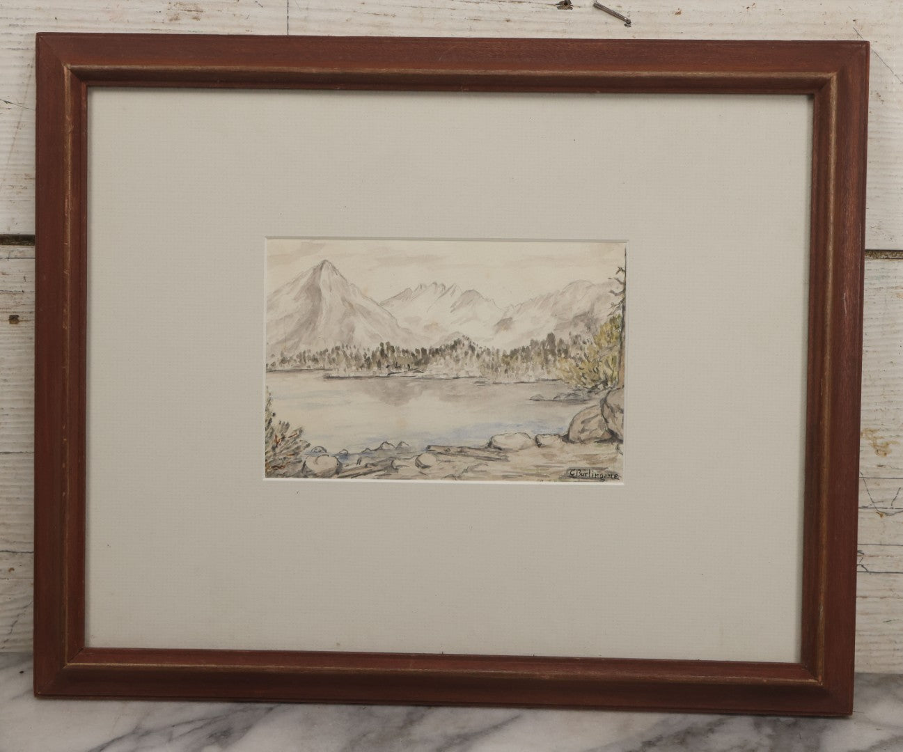Lot 097 - Antique Watercolor Landscape Painting Of Lakeside Mountains, Signed And Attributed To Charles Albert Burlingame (American, 1860-1930), In Modern Frame
