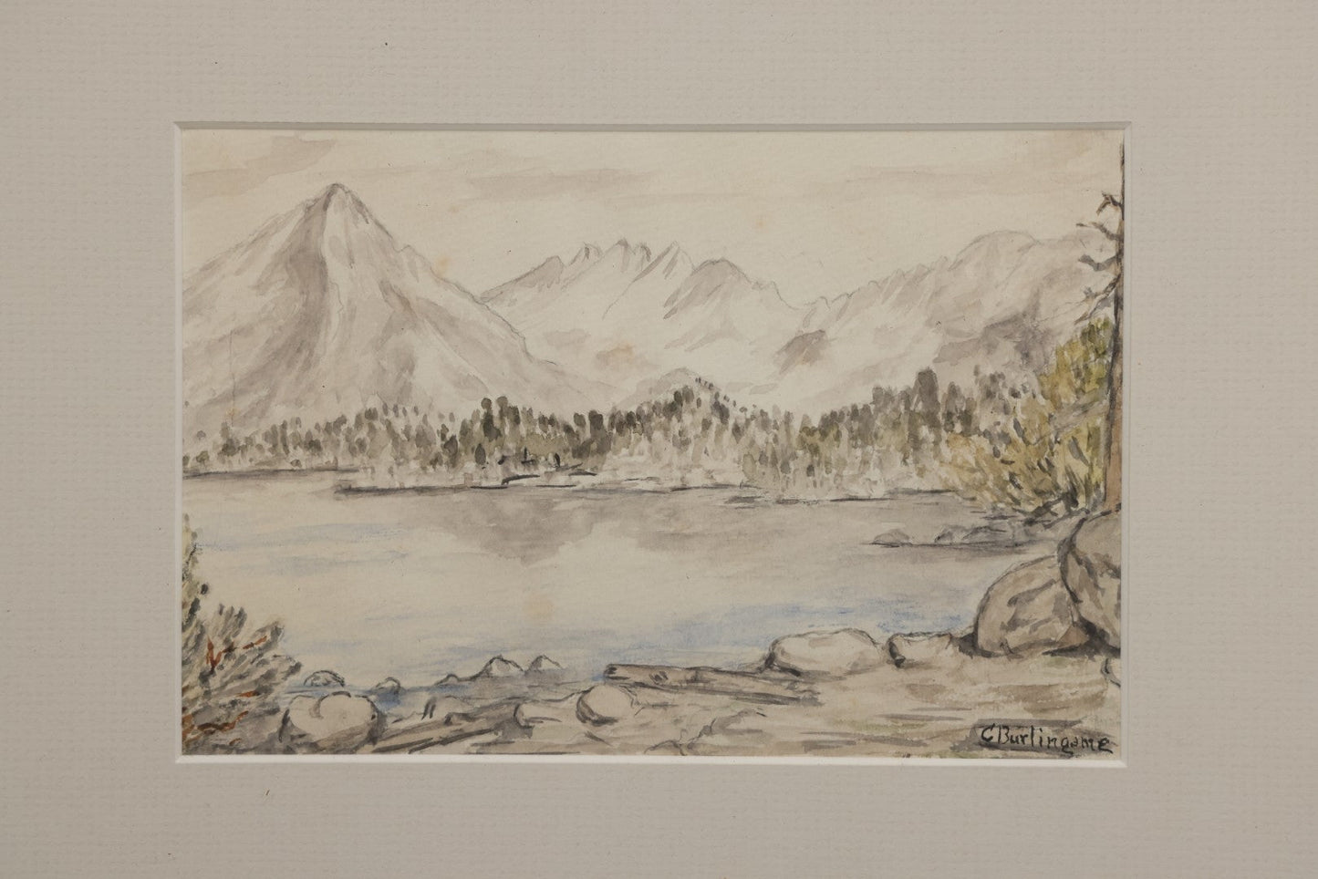 Lot 097 - Antique Watercolor Landscape Painting Of Lakeside Mountains, Signed And Attributed To Charles Albert Burlingame (American, 1860-1930), In Modern Frame