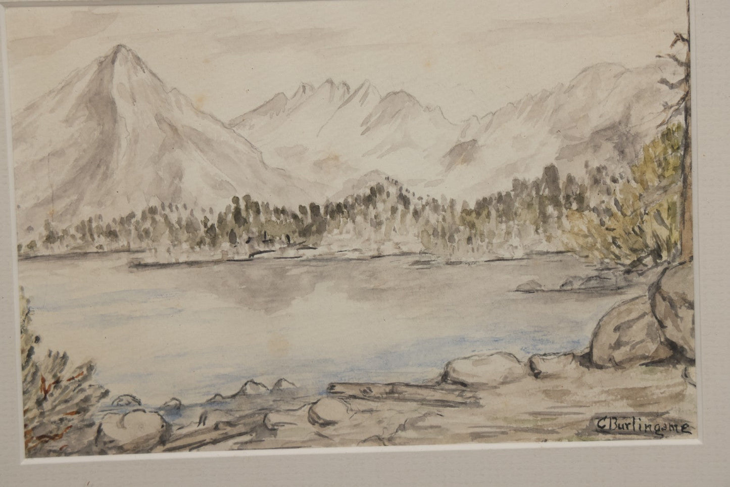 Lot 097 - Antique Watercolor Landscape Painting Of Lakeside Mountains, Signed And Attributed To Charles Albert Burlingame (American, 1860-1930), In Modern Frame