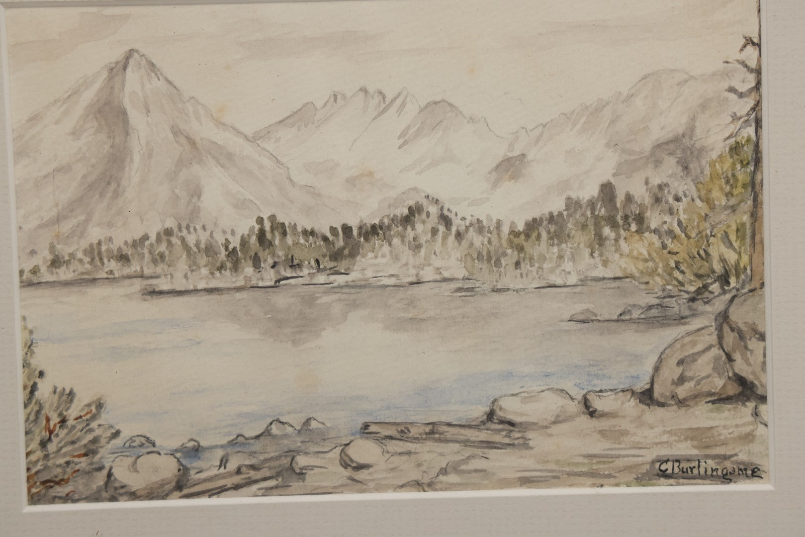 Lot 097 - Antique Watercolor Landscape Painting Of Lakeside Mountains, Signed And Attributed To Charles Albert Burlingame (American, 1860-1930), In Modern Frame