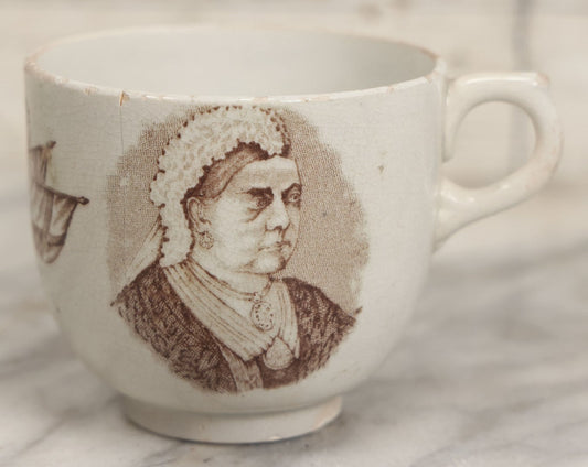 Lot 100 - Antique Transferware Queen Victoria Jubilee Commemorative Teacup, 1887, With Portrait, Note Chips, Cracks