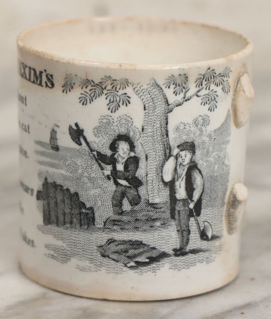 Lot 102 - Antique Transferware Dr. Franklin's Maxims Children's Teacup, Note Damage, Missing Handle