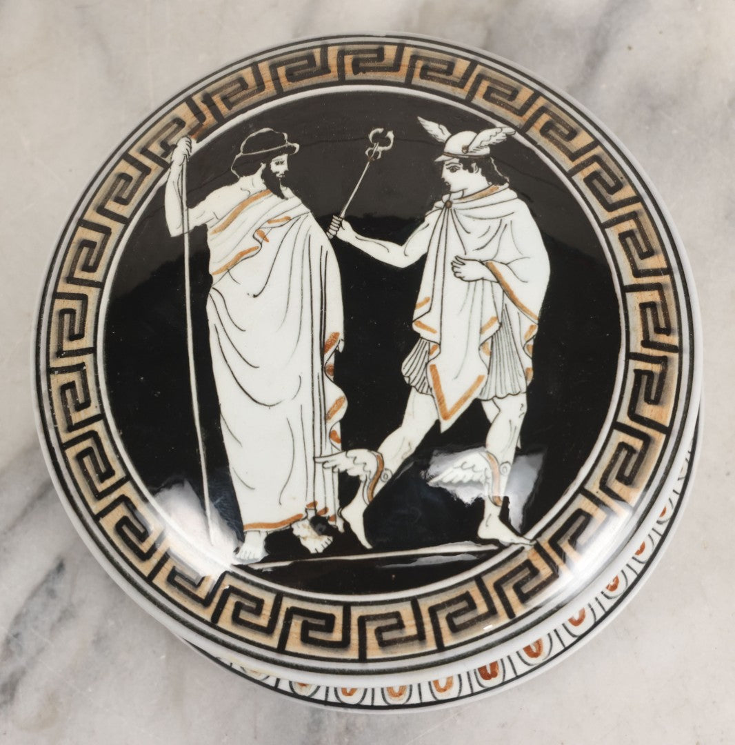 Lot 104 - Vintage Greek Kutahya Pottery Lidded Box With Ancient Figures And Greek Key Border, Handmade In Greece