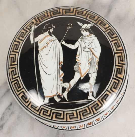 Lot 104 - Vintage Greek Kutahya Pottery Lidded Box With Ancient Figures And Greek Key Border, Handmade In Greece