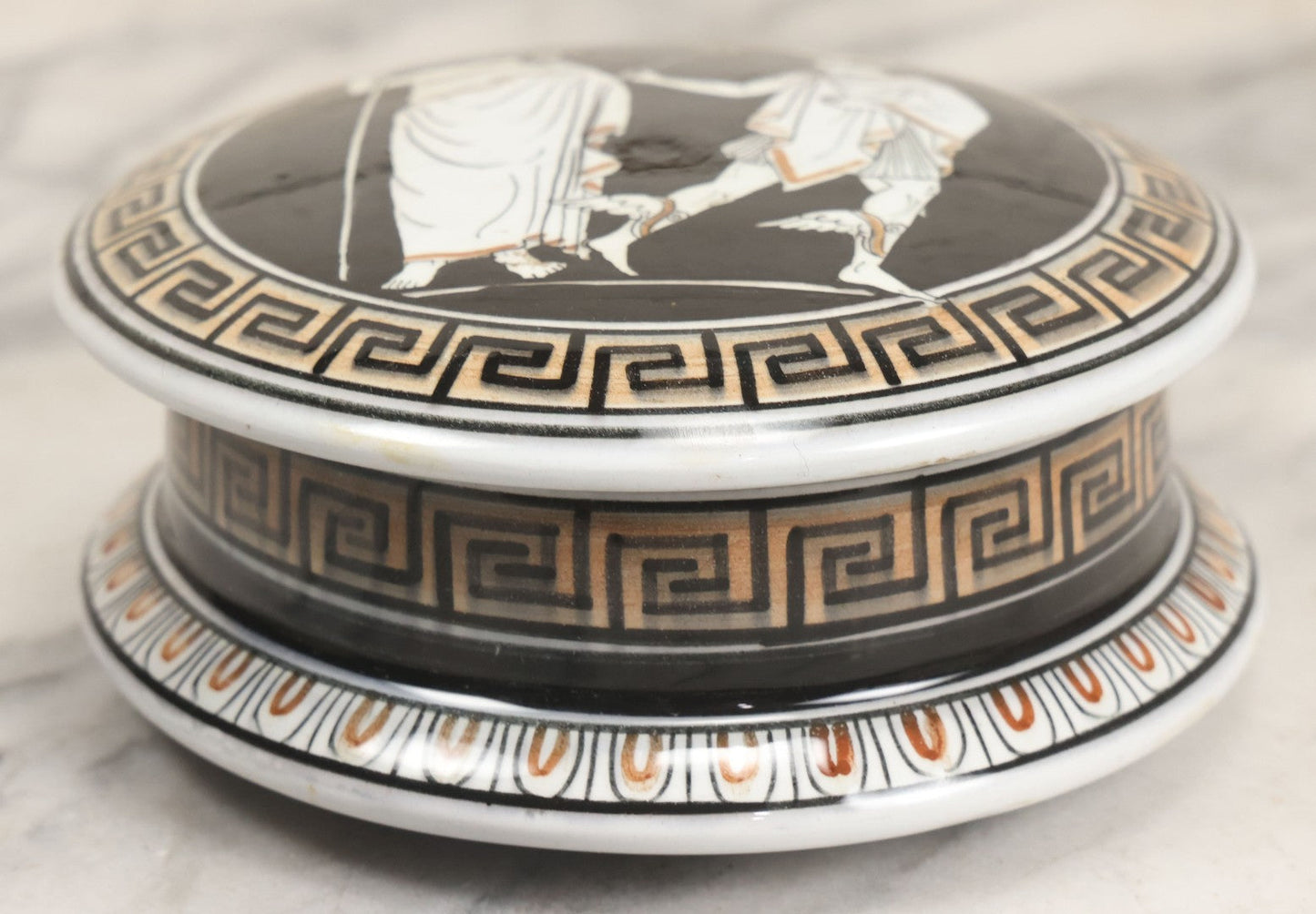 Lot 104 - Vintage Greek Kutahya Pottery Lidded Box With Ancient Figures And Greek Key Border, Handmade In Greece