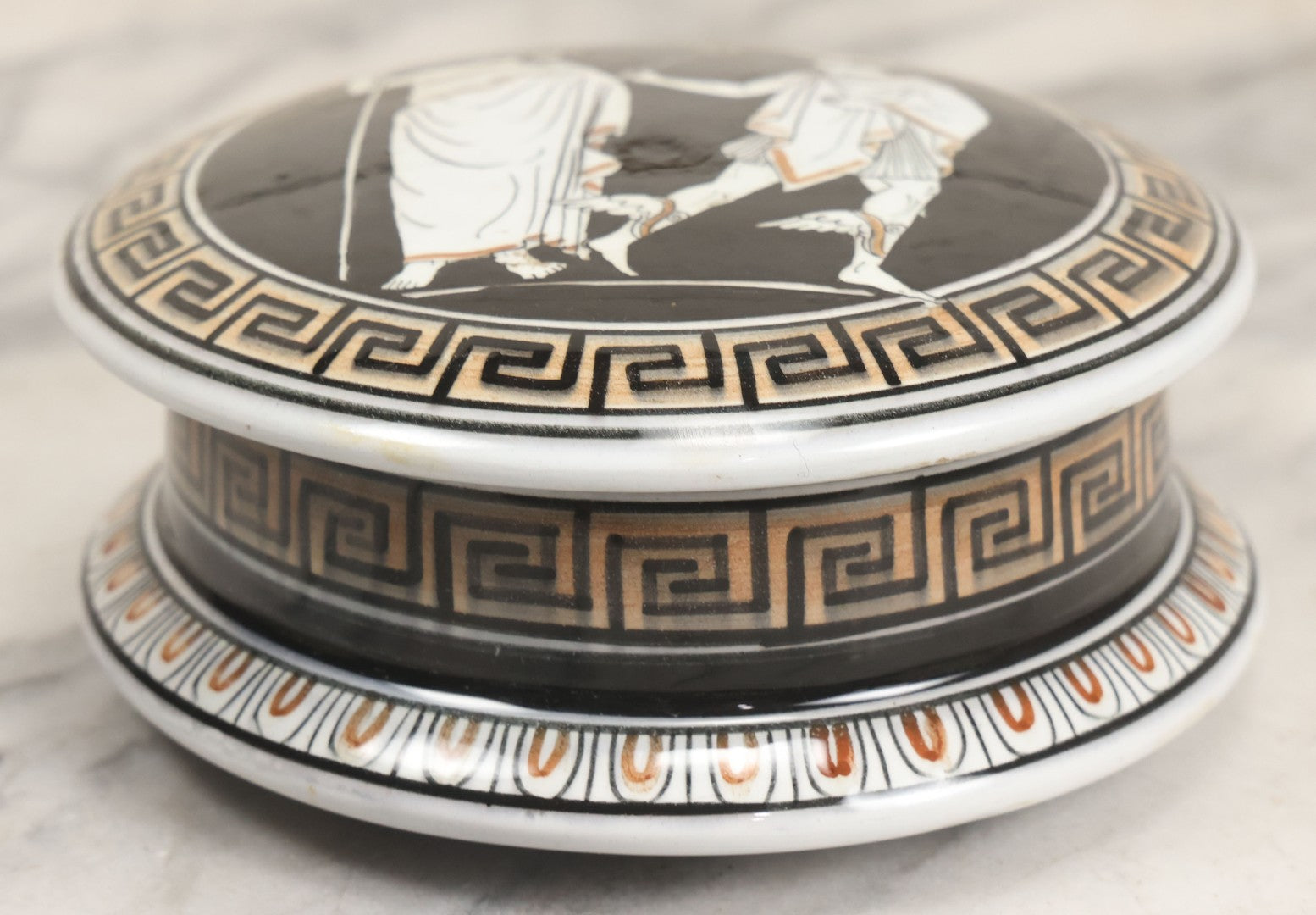 Lot 104 - Vintage Greek Kutahya Pottery Lidded Box With Ancient Figures And Greek Key Border, Handmade In Greece