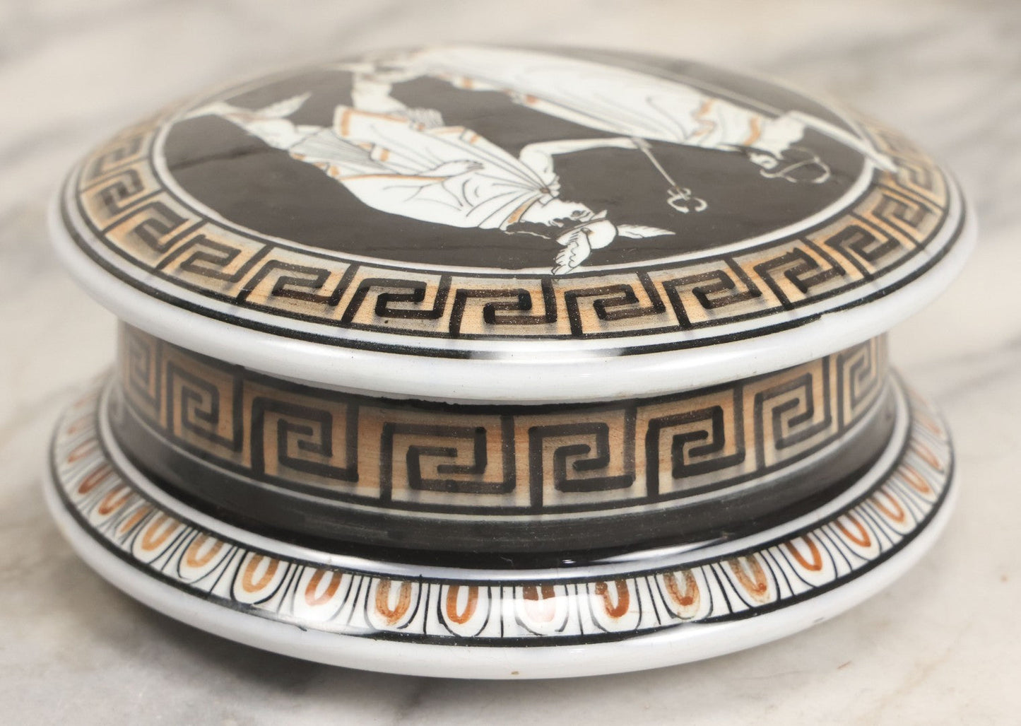 Lot 104 - Vintage Greek Kutahya Pottery Lidded Box With Ancient Figures And Greek Key Border, Handmade In Greece