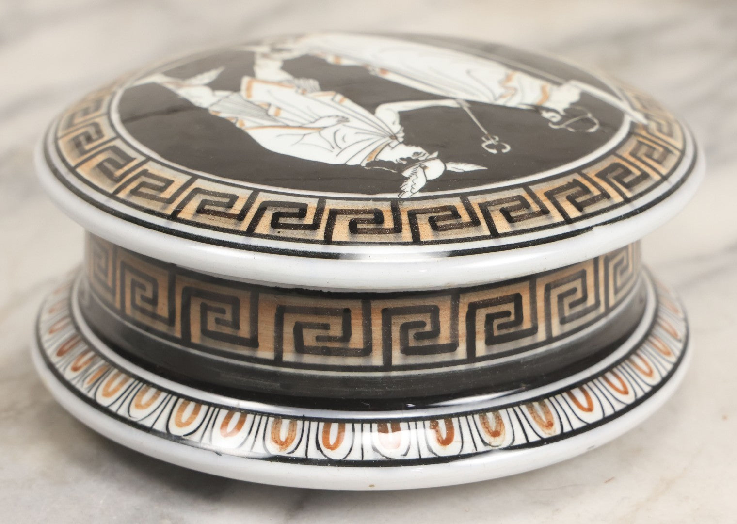 Lot 104 - Vintage Greek Kutahya Pottery Lidded Box With Ancient Figures And Greek Key Border, Handmade In Greece