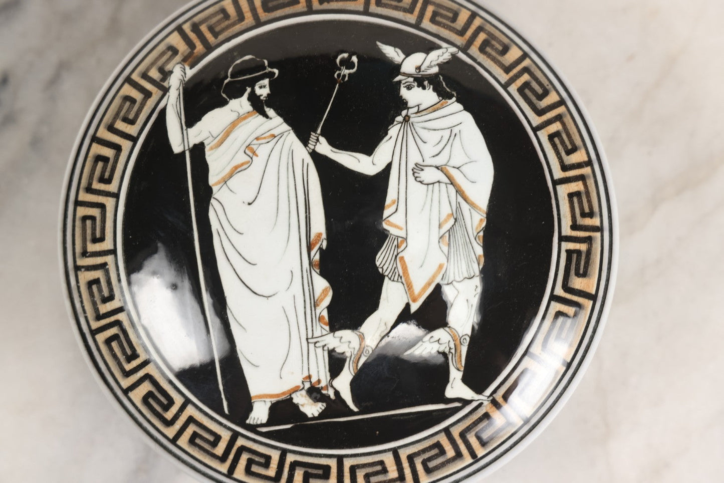 Lot 104 - Vintage Greek Kutahya Pottery Lidded Box With Ancient Figures And Greek Key Border, Handmade In Greece