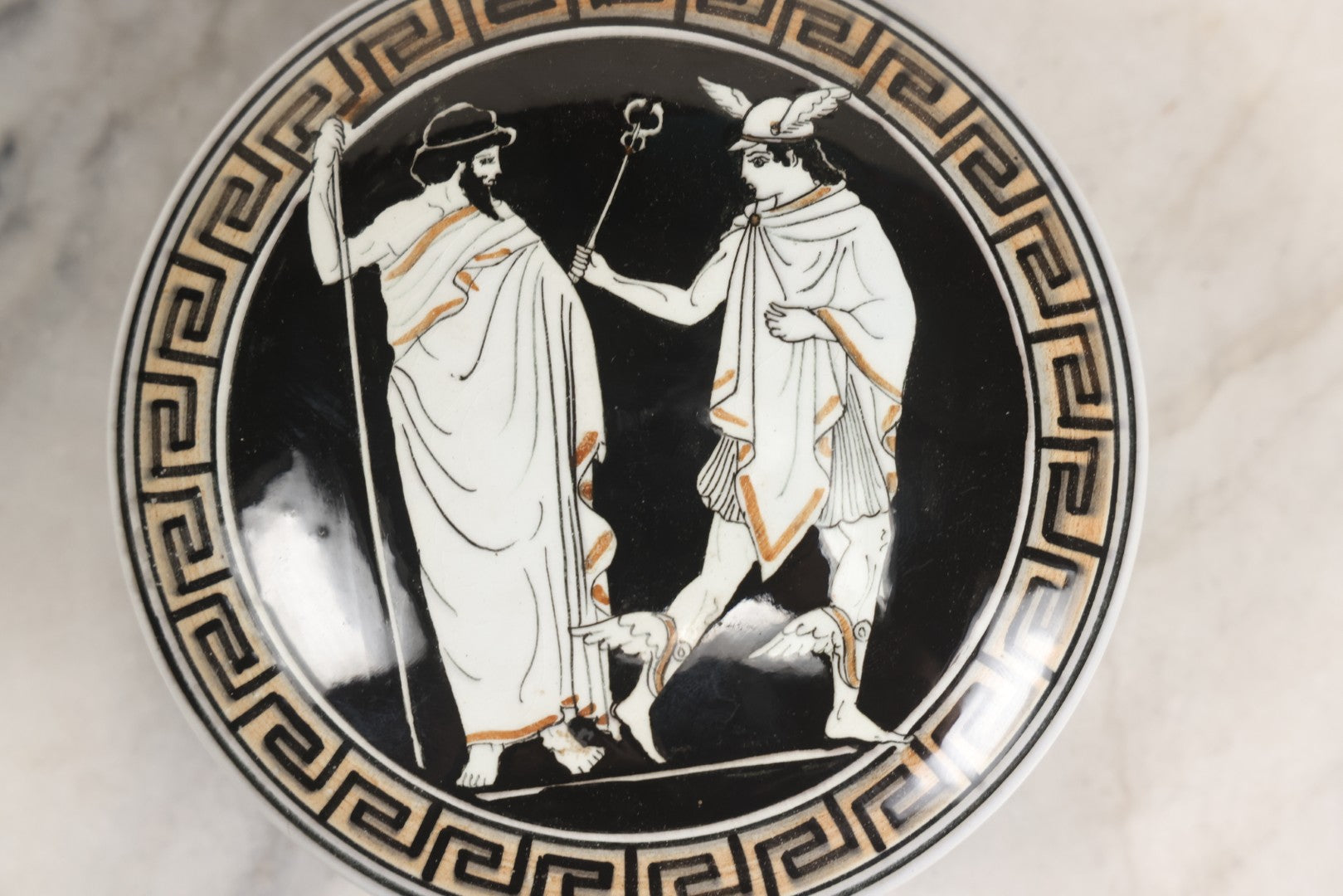 Lot 104 - Vintage Greek Kutahya Pottery Lidded Box With Ancient Figures And Greek Key Border, Handmade In Greece