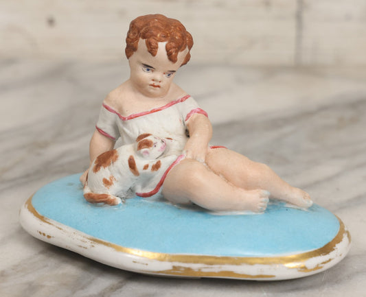 Lot 107 - Antique Porcelain Dresser Box Lid With Child And Kitten Figural Motif