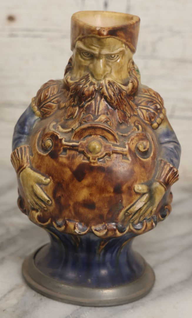 Lot 108 -  Antique Figural Majolica Pitcher, Bearded Guard With Pewter Base, Circa Late 19th / Early 20th Century