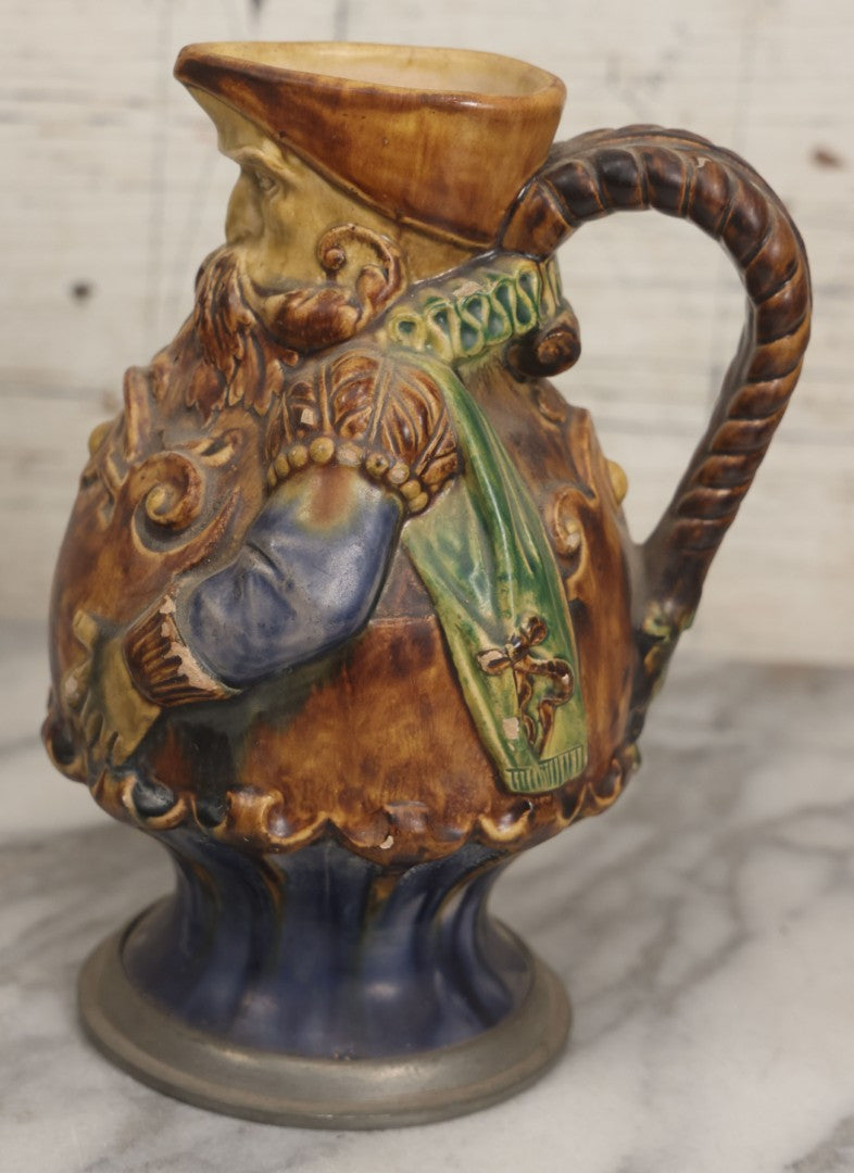 Lot 108 -  Antique Figural Majolica Pitcher, Bearded Guard With Pewter Base, Circa Late 19th / Early 20th Century