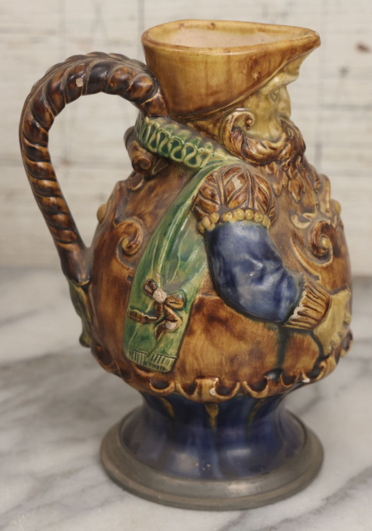 Lot 108 -  Antique Figural Majolica Pitcher, Bearded Guard With Pewter Base, Circa Late 19th / Early 20th Century