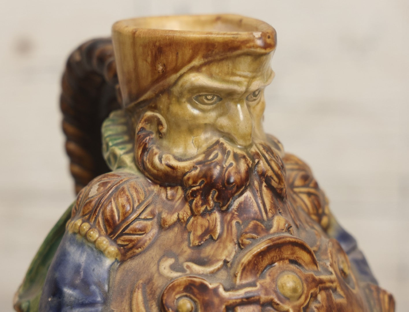 Lot 108 -  Antique Figural Majolica Pitcher, Bearded Guard With Pewter Base, Circa Late 19th / Early 20th Century