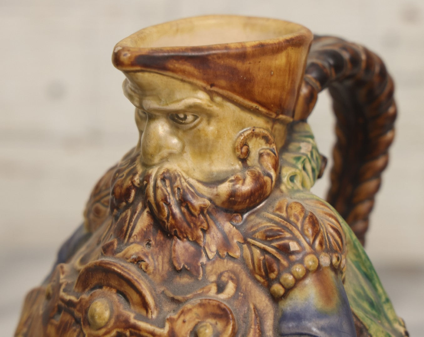 Lot 108 -  Antique Figural Majolica Pitcher, Bearded Guard With Pewter Base, Circa Late 19th / Early 20th Century