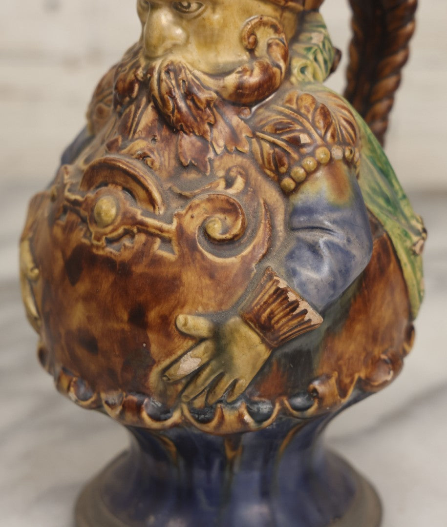 Lot 108 -  Antique Figural Majolica Pitcher, Bearded Guard With Pewter Base, Circa Late 19th / Early 20th Century