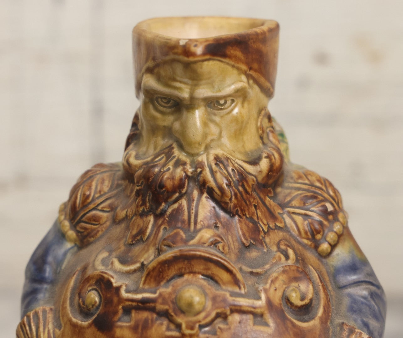 Lot 108 -  Antique Figural Majolica Pitcher, Bearded Guard With Pewter Base, Circa Late 19th / Early 20th Century