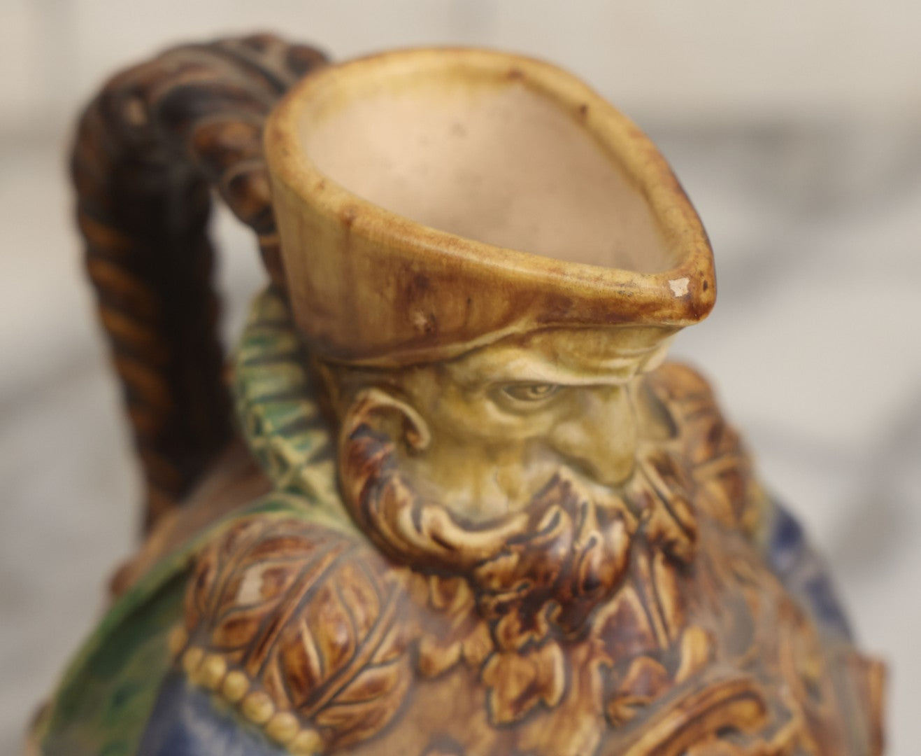 Lot 108 -  Antique Figural Majolica Pitcher, Bearded Guard With Pewter Base, Circa Late 19th / Early 20th Century