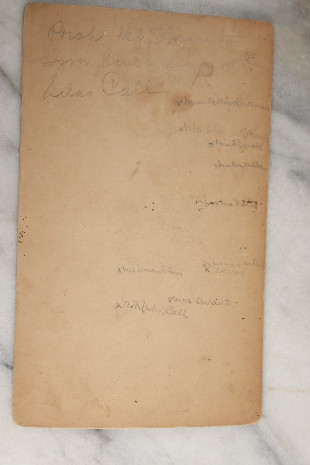 Lot 125 - Antique Boarded Photograph Of A Large Gathering On A Front Porch Of An Inn, With Identifications And Info On Verso