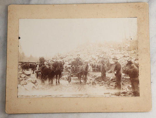Lot 128 - Antique Boarded Occupational Photograph Of Loggers At Work, Many Horses In Frame