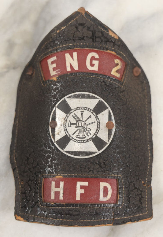 Lot 202 - Vintage Leather Fire Department Helmet Shield Badge, Engine No. 2, H.F.D.