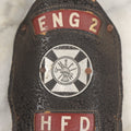 Lot 202 - Vintage Leather Fire Department Helmet Shield Badge, Engine No. 2, H.F.D.