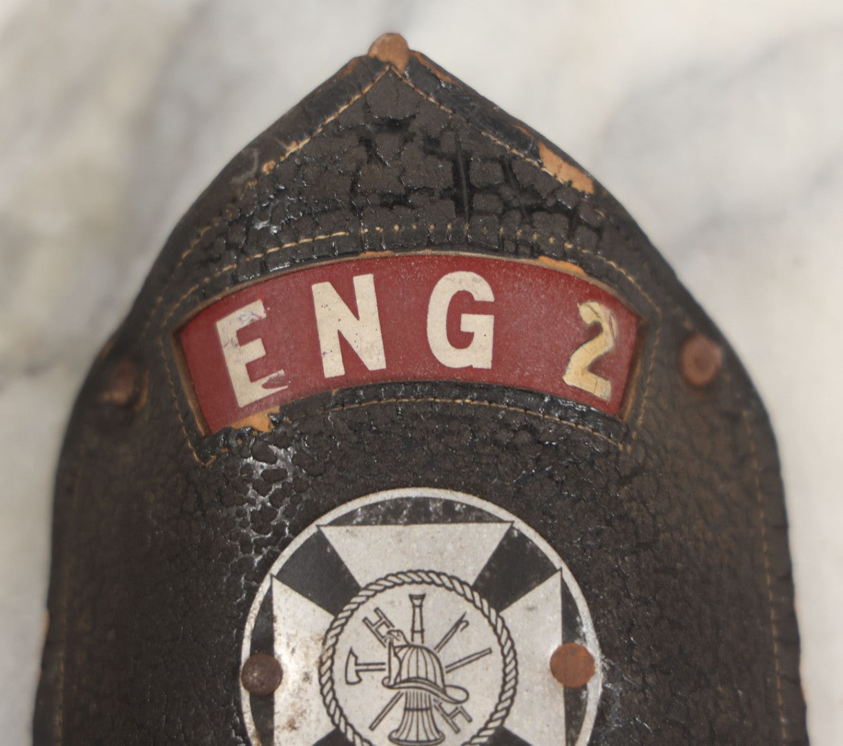 Lot 202 - Vintage Leather Fire Department Helmet Shield Badge, Engine No. 2, H.F.D.