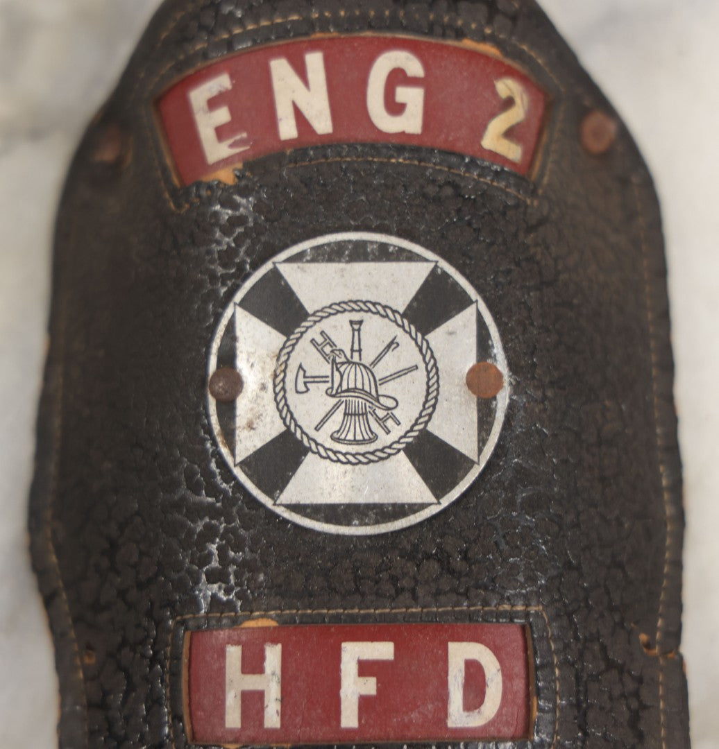 Lot 202 - Vintage Leather Fire Department Helmet Shield Badge, Engine No. 2, H.F.D.